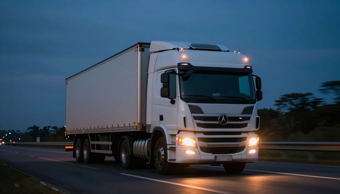 Caminhão da Nsignora Transportes em rodovia ao entardecer