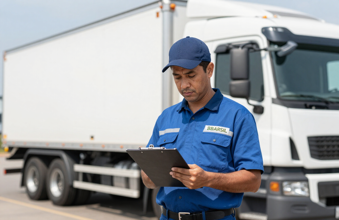 Motorista da Nsignora Transportes conferindo documentos de carga